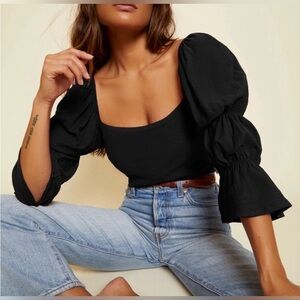 NWT Nation LTD Hillary Romance Tee Black Square Neckline Ruched Blouse Size XL